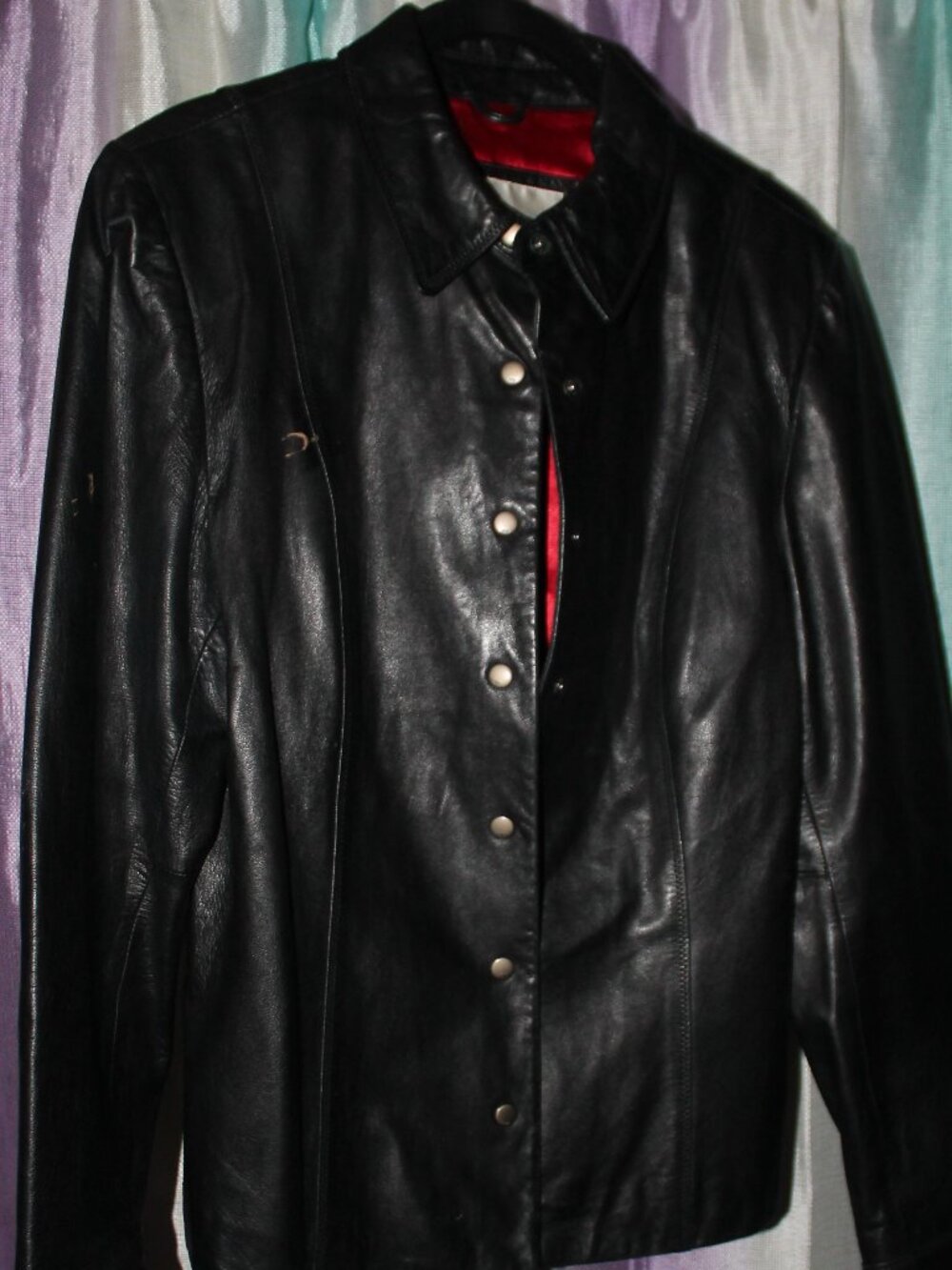 Nine West Leather Jacket Womens Large Black Button Front Classic
